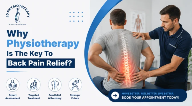 JD Physiotherapy specialist helping a patient with back pain during treatment with a focus on physiotherapy-based pain relief.
